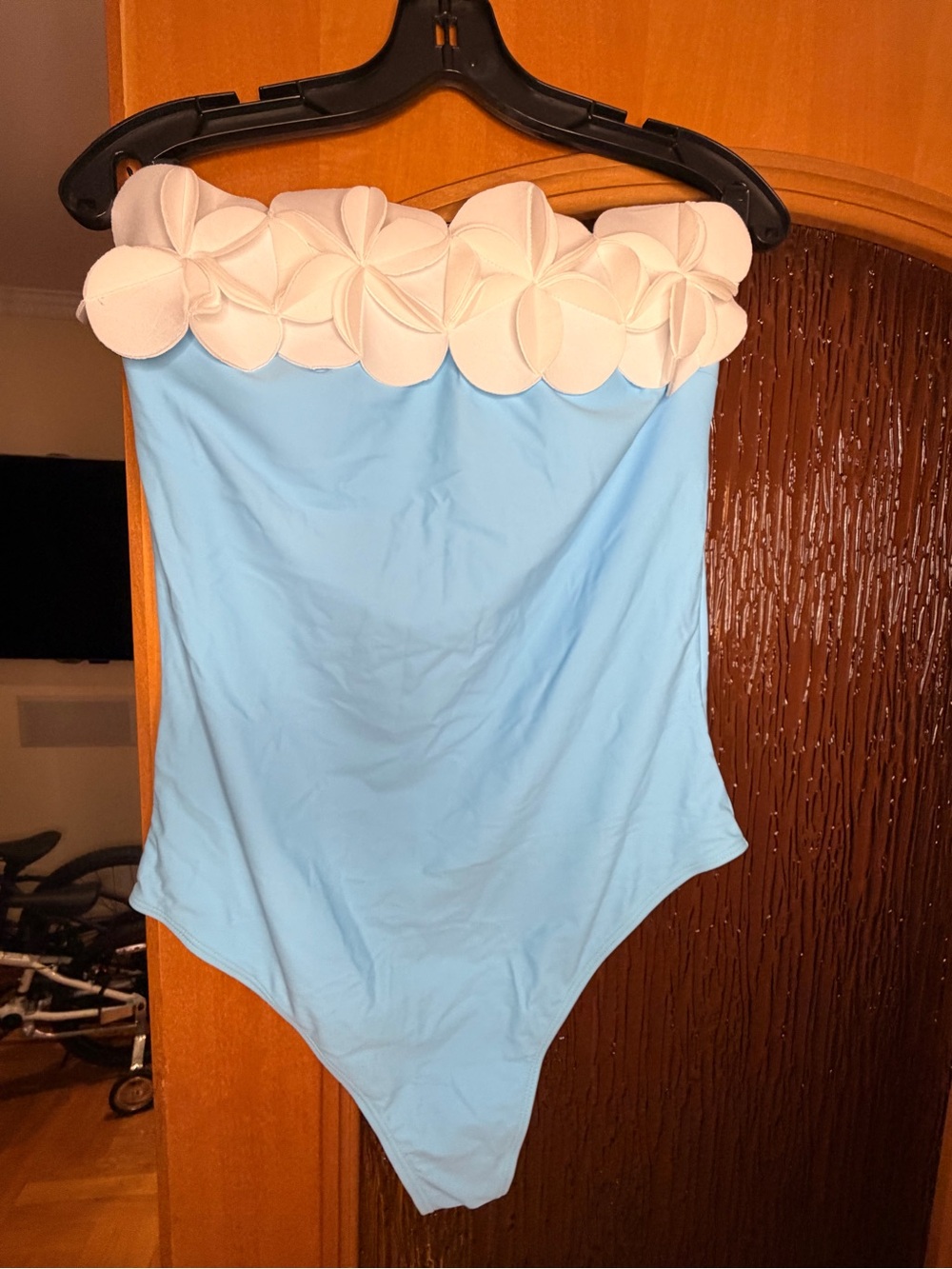 Light Blue One-Piece Swimsuit with White Floral Trim Sz XXL